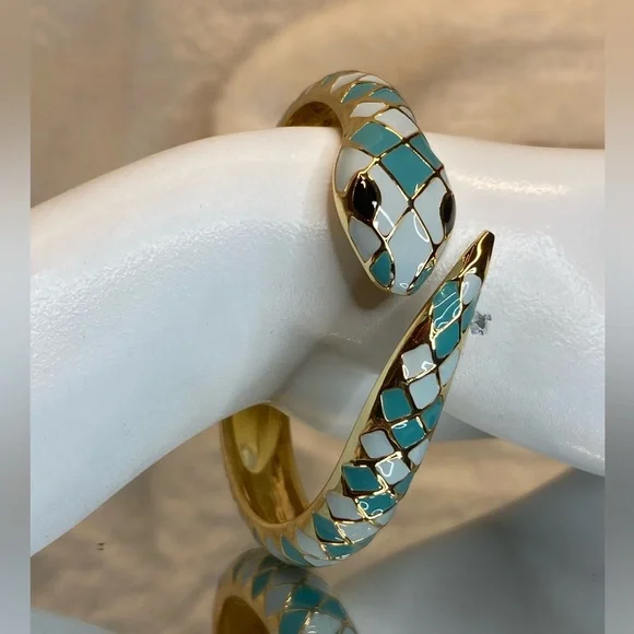 Snake Cuff Bracelet Gold-plated Inlaid Teal & White Enamel Bangle Bracelet sze 8